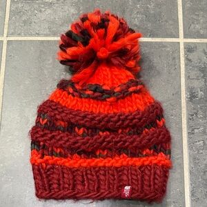 The North Face Red and Orange Knit Pom-Pom Beanie